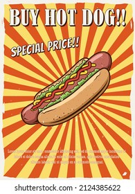 Hot dog promo poster design, vintage style