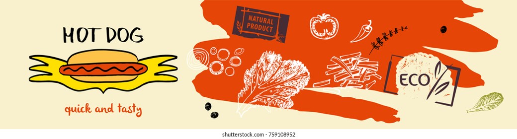 Hot dog. Quick and tasty. Eco natural product. Template logo, horizontal banner, poster for health fast food.
