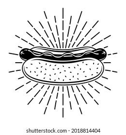 Hot dog with rays, fast food vector monochrome illustration in vintage style isolated on white background