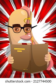 Hot Dog reading a book. American fast food as a cartoon character with face.