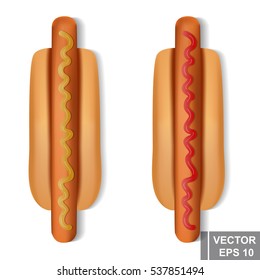 Hot Dog. Realistic. Bread and sausage. Fast food. Isolated on white background.