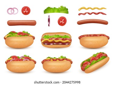 Hot dog realistic. Fast food ingredients sausage tomato onion ketchup mayonez sauce salad decent vector hot dog illustrations