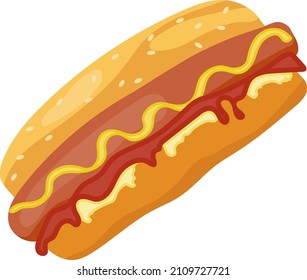 Hot dog, realistic hot dog icon with sausage, mustard and bun isolated on white background. Vector illustration. Vector.