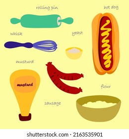 Hot Dog Recipe Vector Illustration. Hot Dog Ingredients. Cookbook. Sausage, Mustard, Flour, Rolling Pin, Bread, Salt.