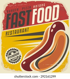 Hot dog retro poster design concept. Unique vector template for delicious fast food. Restaurant menu cover on old paper texture. 