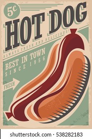 Hot dog retro poster design template. Vector illustration.