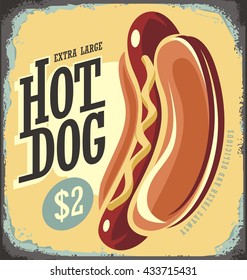 Hot Dog Retro Tin Sign. Vintage Metal Sign for Fast Food Restaurant. Vector illustration Template on Old Scratched Background.