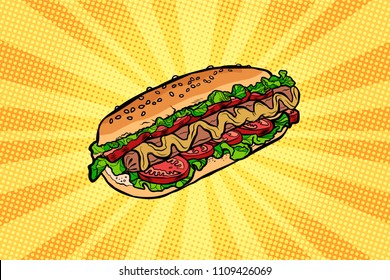 hot dog with salad and tomatoes. Pop art retro vector illustration kitsch vintage drawing