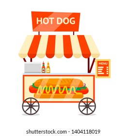 Hot dog sale kiosk flat vector illustration. Junk food trolley with awning, tasty quick snack. Delicious fast meal, sausage roll with ketchup and mustard. Unhealthy nutrition. Takeaway service