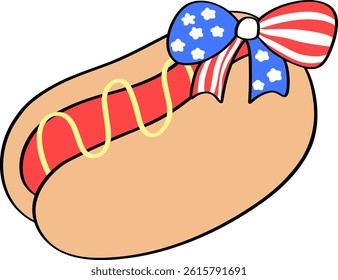 Hot Dog Sandwich with Bow in American Flag Pattern Doodle Outline
