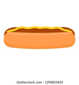 hot dog sandwich cartoon, grilled sausage in bun with mustard; fast food icon isolated on white background. vector illustration