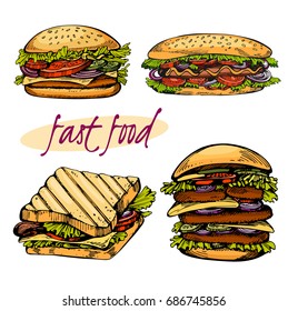 Hot dog, sandwich and hamburger