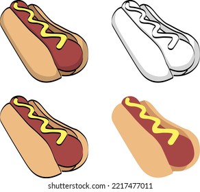 Hot dog sandwich illustration with 4 versions, a black line version, a colored version with shadows and black outline, a flat design version, and a flat design with black outline. 