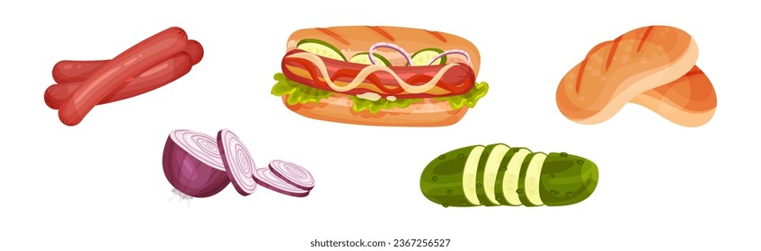 Hot Dog Sandwich Ingredients with Sausage, Bun, Cucumber and Onion Vector Set