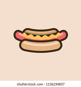 Hot dog sandwich with sausage, two buns and sauce. Colorful isolated vector icon in flat style with outline for your project