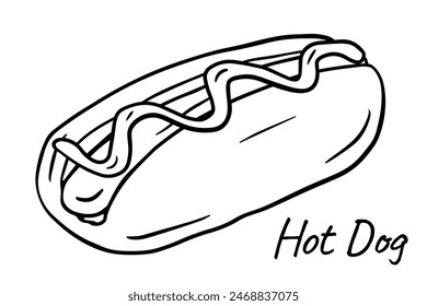 Hot dog sandwich sketch doodle Vector outline illustration with mustard, sausage. Hand drawing Restaurant business concept for poster, flyer, card, menu, banner, coloring book. street food, fast food