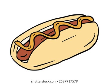 Hot dog sandwich sketch doodle Vector outline illustration with mustard, sausage. Hand drawing Restaurant business concept for poster, flyer, card, menu, banner, coloring book. street food, fast food