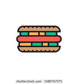 Hot dog, sandwich, street food flat color line icon.