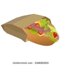 Hot Dog Sandwich in Takeaway Paper Bag Isolated on White Background. Vector Illustration