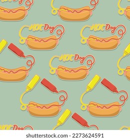 Hot dog with sauces vector image, fast food. Pattern, seamless image, background. Cafe, eateries, shop.