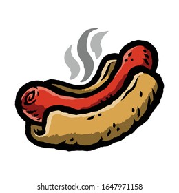 Hot dog sausage in bun junk food in cartoon illustration style