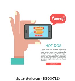 Hot dog. Sausage in a bun with mustard. The hand holds a smartphone. Hot fast food.  Order hot dogs through the app on your smartphone. Vector illustration with place for text.