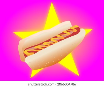 Hot dog sausage and bun with mustard vector with a yellow star and purple background.