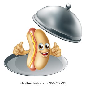 A hot dog sausage cartoon character mascot on a silver platter serving tray giving a thumbs up