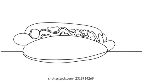 Hot dog with sausage in French bun. National Junk Food Day. One line drawing for different uses. Vector illustration.