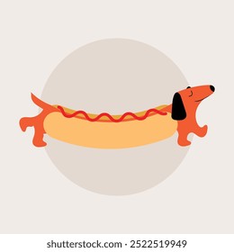 Hot dog sausage funny cute character dachshund dog illustration in doodle style