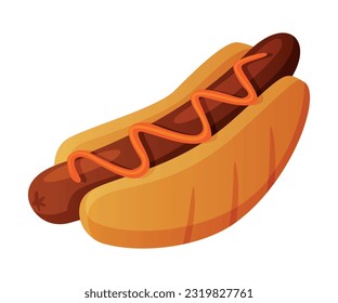 Hot Dog with Sausage Inside Bun with Ketchup as Fast Food Lunch Vector Illustration