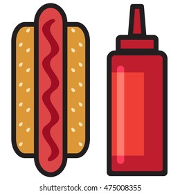 Hot dog with sausage and ketchup bottle. Vector Image. Icons in a flat style. Isolated on white background.