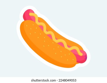 Hot dog with sausage and ketchup in bun. Fast food and takeaway. Vector illustration in cartoon sticker design
