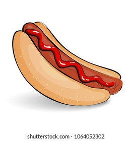 Hot dog, sausage with ketchup, isolated on white background