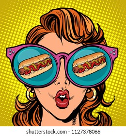 Hot Dog Sausage Ketchup Mustard. Woman Reflection In Glasses. Comic Cartoon Pop Art Retro Vector Illustration Drawing