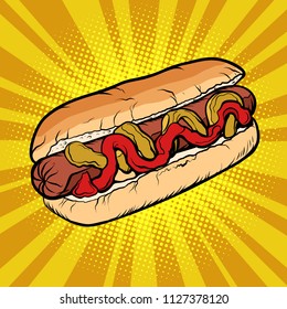 hot dog sausage ketchup mustard. Comic cartoon pop art retro vector illustration drawing