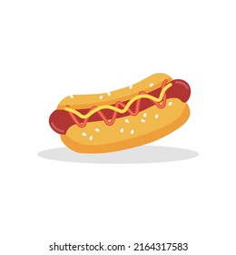 Hot dog with sausage, ketchup, mustard and sesame seed bun. Flat illustration vector isolated flat fast food illustration for posters, menus, brochures, web and fastfood icons.
