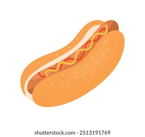 Сlassical hot dog with sausage, ketchup, mustard, sesame bun. A traditional street food, quick snack. Takeaway meal. Design for menu, logo for fast food. Vector illustration on a white background.