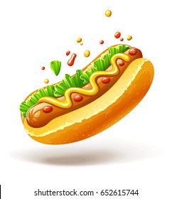 Hot dog with sausage lettuce and mustard drops of ketchup, isolated white background. Fast food eps10 vector illustration.