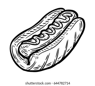 Hot dog sausage with mustard in bun. Fast food vector. Isolated on white background. Junk street food. Engraved hand drawn illustration in retro vintage style.