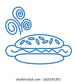 hot dog with sausage and mustard or ketchup, sprinkled with sesame seeds, blue linear icon on white isolated background