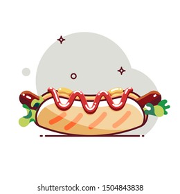 Hot dog with sausage, mustard,tomato paste and salad. Flat cartoon style. Isolated fast food icon for poster, web design, banner, logo or badge. Colorful vector illustration.