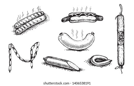 Hot dog, sausage, salami. Natural products and healthy lifestyle, delicious products, a set of templates for menu design, restaurants and catering. Hand-drawn images, black and white graphics. 