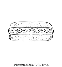Hot dog, sausage sandwich fast food. Hand drawing graphic strokes and lines illustration for menu template, mock-up, isolated outline ink sketch.