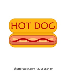 Hot dog with sausage, sauce and ketchup inside. Vector illustration. Template for signboard, menu, sticker, web site, icon and other design ideas. Isolated clipart on a blank clean background.
