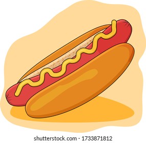 Hot dog with sausage sauce and mustard.Vector colorful illustration in the style of hand drawing.