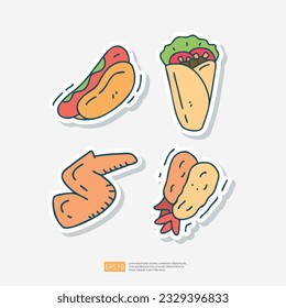 hot dog sausage, shawarma kebab, chicken wing, shrimp tempura doodle icon. Fast food Cute doodle. Cuisine and drink Sticker Set Vector Illustration