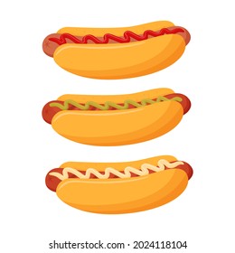 Hot dog with sausage and various sauces, mayonnaise, ketchup, mustard. Sausage in a bun. Fast street food, snack. Fatty, high-calorie food.Flat cartoon style, isolated on white background.Color vector