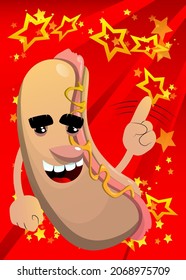 Hot Dog saying no with his finger. American fast food as a cartoon character with face.
