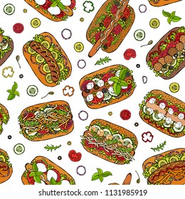 Hot Dog Seamless Endless Pattern. Many Ingredients. Restaurant or Cafe Menu Background. Fast Food Collection. Realistic Hand Drawn High Quality Vector Illustration. Doodle Style.